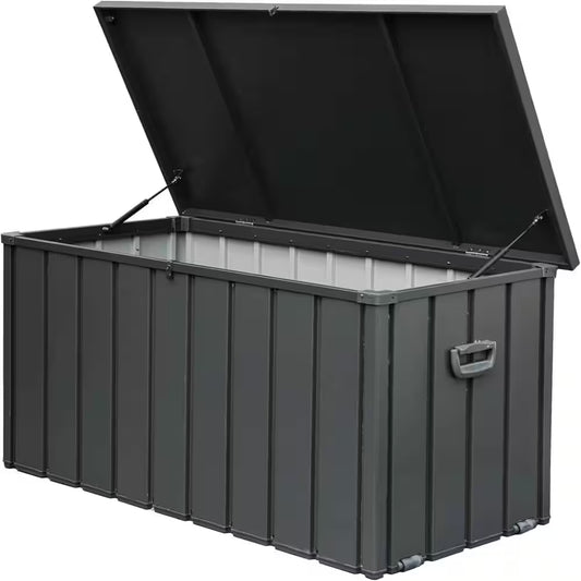 150-Gallon Waterproof Steel Outdoor Storage Deck Box - Lockable Large Patio Bin for Garden Tools - Dark Gray