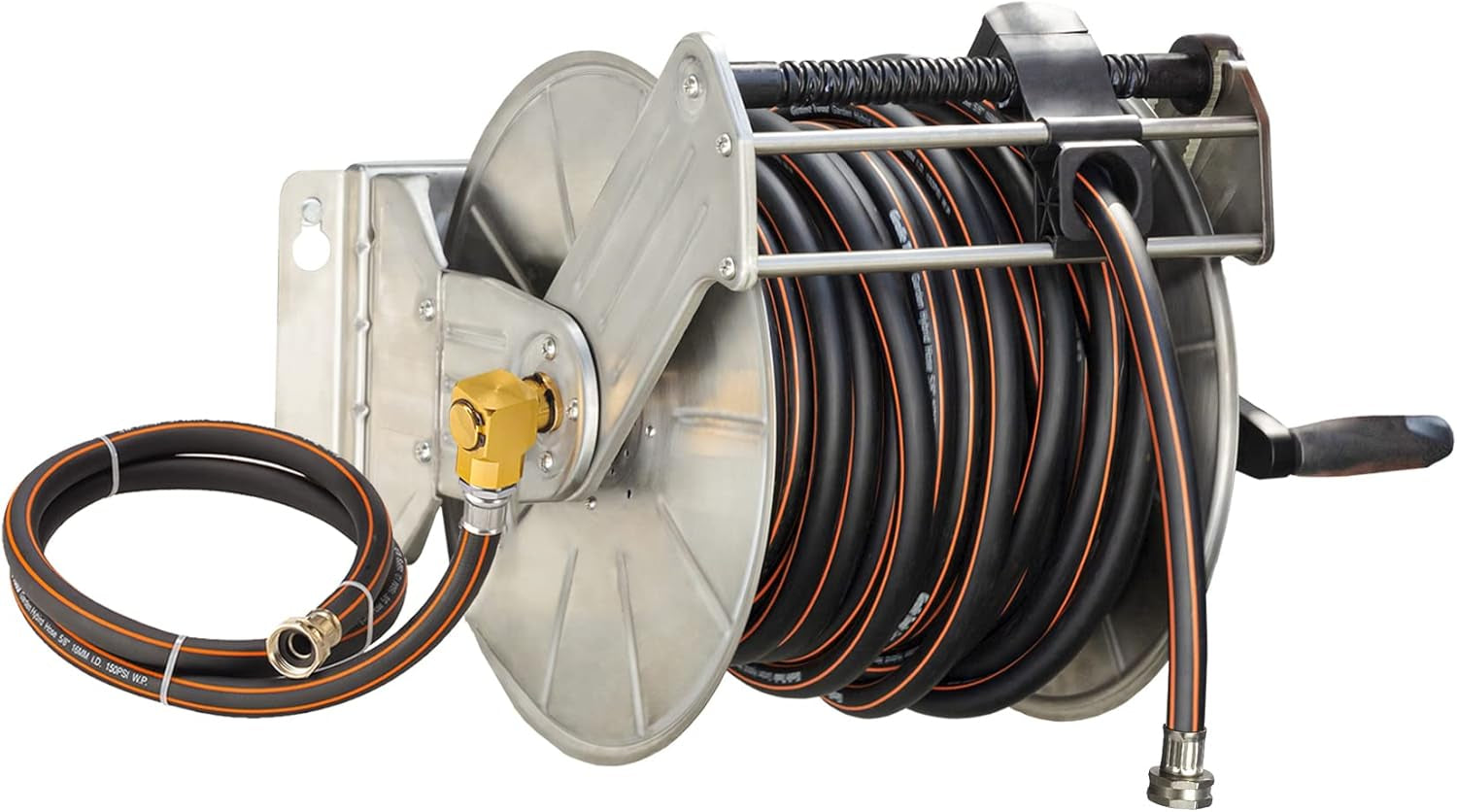 Heavy-Duty Stainless Steel Retractable Hose Reel - Wall/Floor Mounted, Accommodates Up to 150ft of Hose