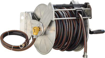 Heavy-Duty Stainless Steel Retractable Hose Reel - Wall/Floor Mounted, Accommodates Up to 150ft of Hose