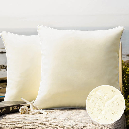 Set of 2 Outdoor Waterproof Decorative Pillow Covers - 18''x18'' Cream Square Cushions for Patio and Tent Use