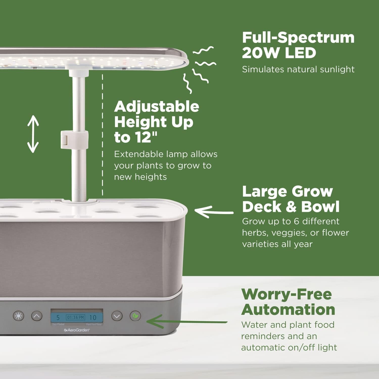 Aerogarden Harvest Elite Hydroponic Indoor Garden System with LED Grow Light and Seed Kit, Accommodates 6 Pods, Stainless Steel Finish