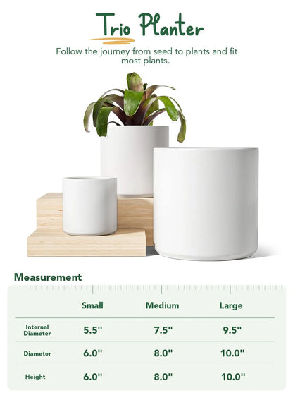 Set of 3 White Indoor Plant Pots (10", 8", and 6") with Drainage Hole and Plug for Indoor and Patio Decoration