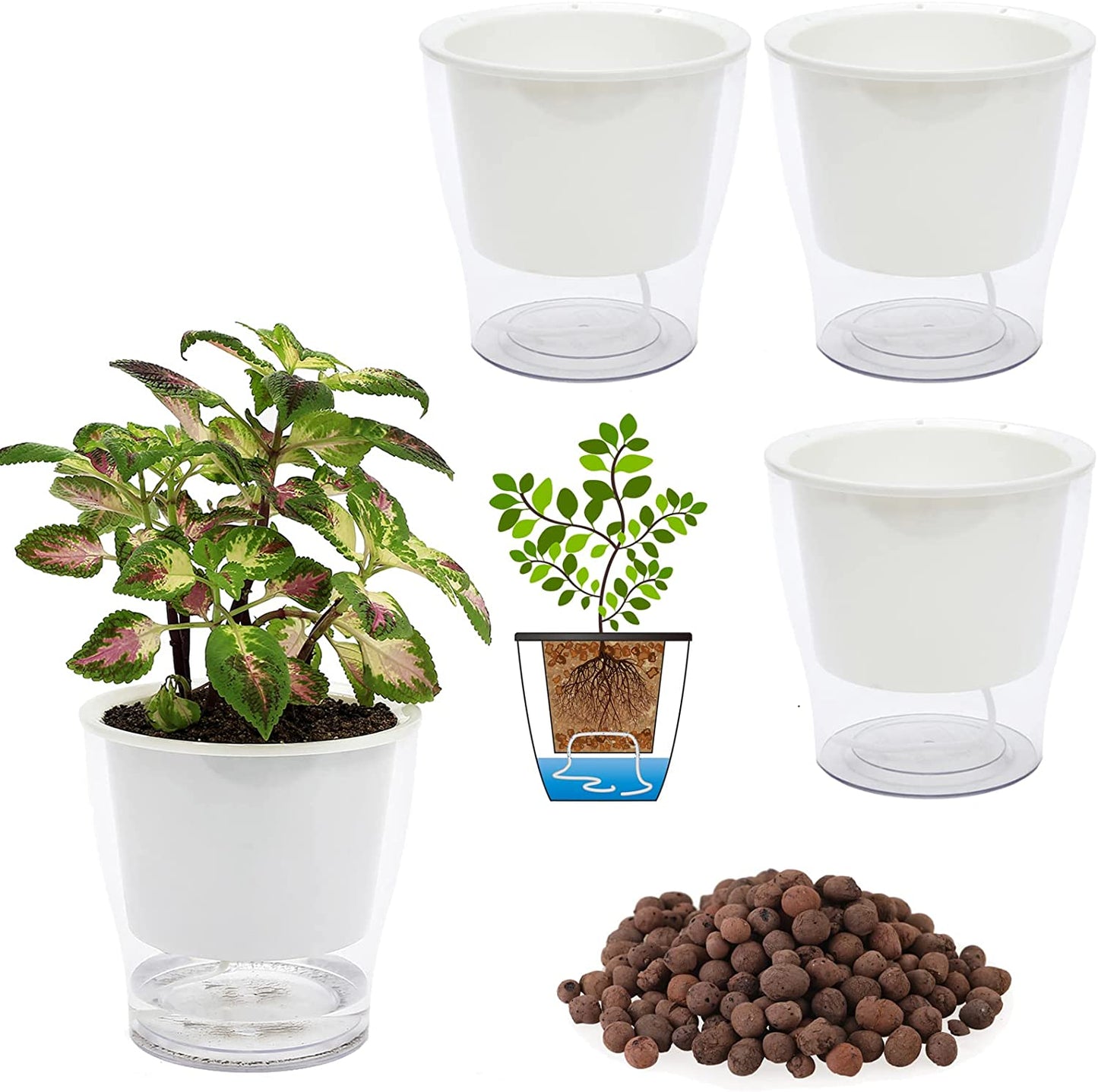 Set of 3 Large 7-Inch Clear Self-Watering Planters for Indoor Plants - Ideal for African Violets, Herbs, Orchids, and Spider Plants - Durable Plastic Design in Clear and White