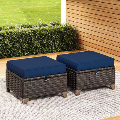 Wicker Outdoor Patio Ottoman Set with Deep Blue Cushions - 2 Piece Collection