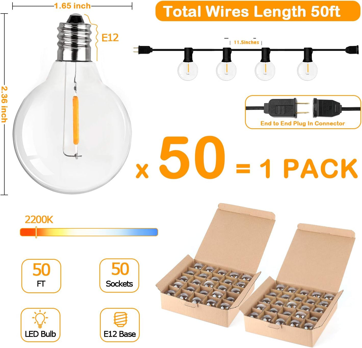 50FT Shatterproof LED G40 Globe String Lights with 52 Dimmable Edison Bulbs - Waterproof Outdoor Lighting for Patios, Balconies, Events, and Cafés