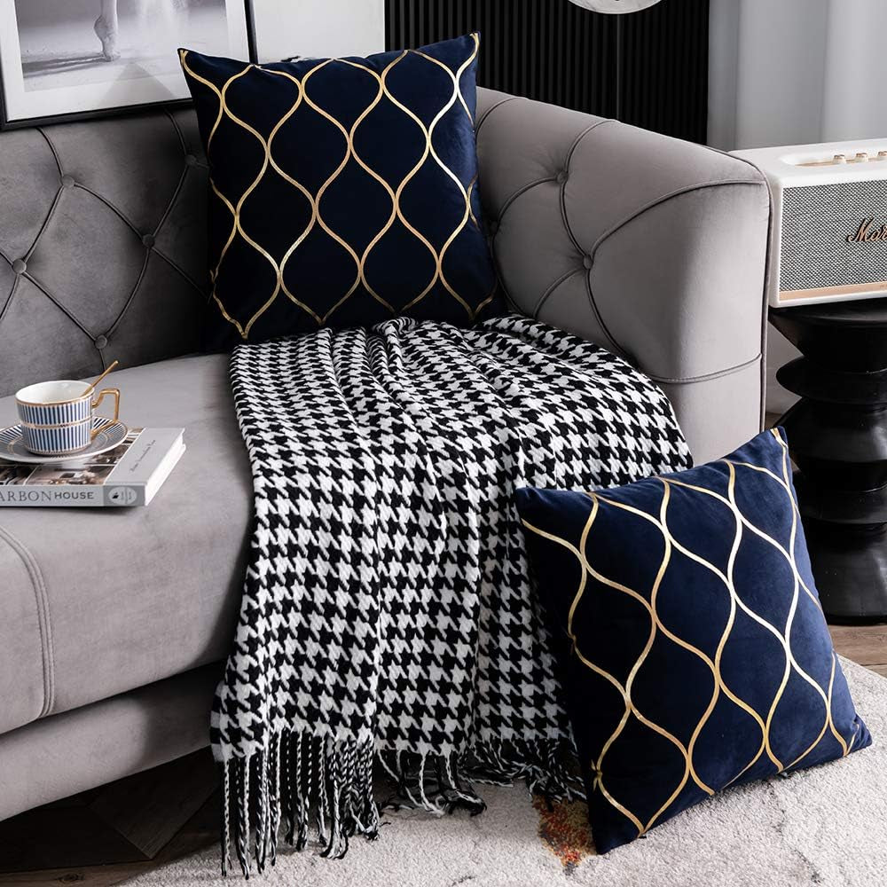 Navy Gold Velvet Decorative Throw Pillow Covers - Set of 2, 20x20 Inch Square Cases for Bedroom, Sofa, and Living Room