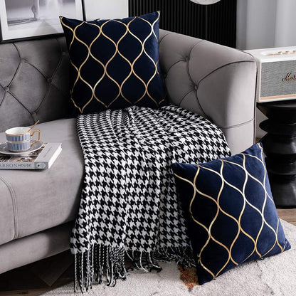 Navy Gold Velvet Decorative Throw Pillow Covers - Set of 2, 20x20 Inch Square Cases for Bedroom, Sofa, and Living Room