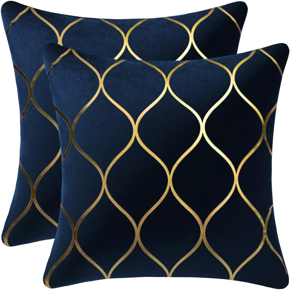 Navy Gold Velvet Decorative Throw Pillow Covers - Set of 2, 20x20 Inch Square Cases for Bedroom, Sofa, and Living Room