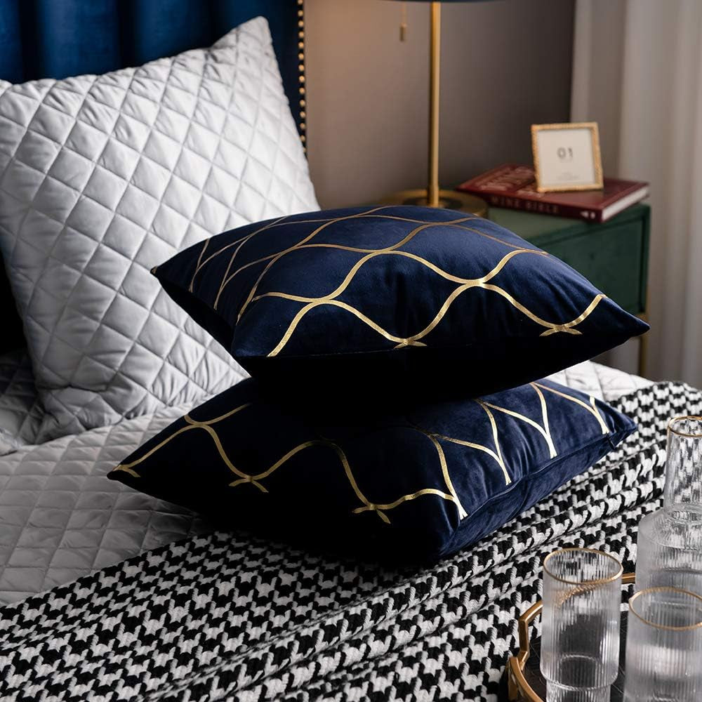 Navy Gold Velvet Decorative Throw Pillow Covers - Set of 2, 20x20 Inch Square Cases for Bedroom, Sofa, and Living Room