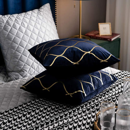 Navy Gold Velvet Decorative Throw Pillow Covers - Set of 2, 20x20 Inch Square Cases for Bedroom, Sofa, and Living Room