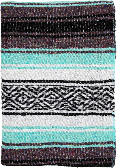 Mexican Yoga Blanket - Vibrant Falsa Serape Throw for Yoga, Beach, Picnic, Equestrian Use, or Home Décor - Soft Woven Bohemian Blanket in Cool Mint and Gray