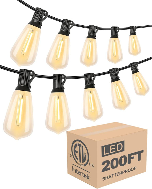 200FT Dimmable LED Bistro String Lights with Shatterproof ST38 Vintage Bulbs, Waterproof for Outdoor Use - ETL Listed