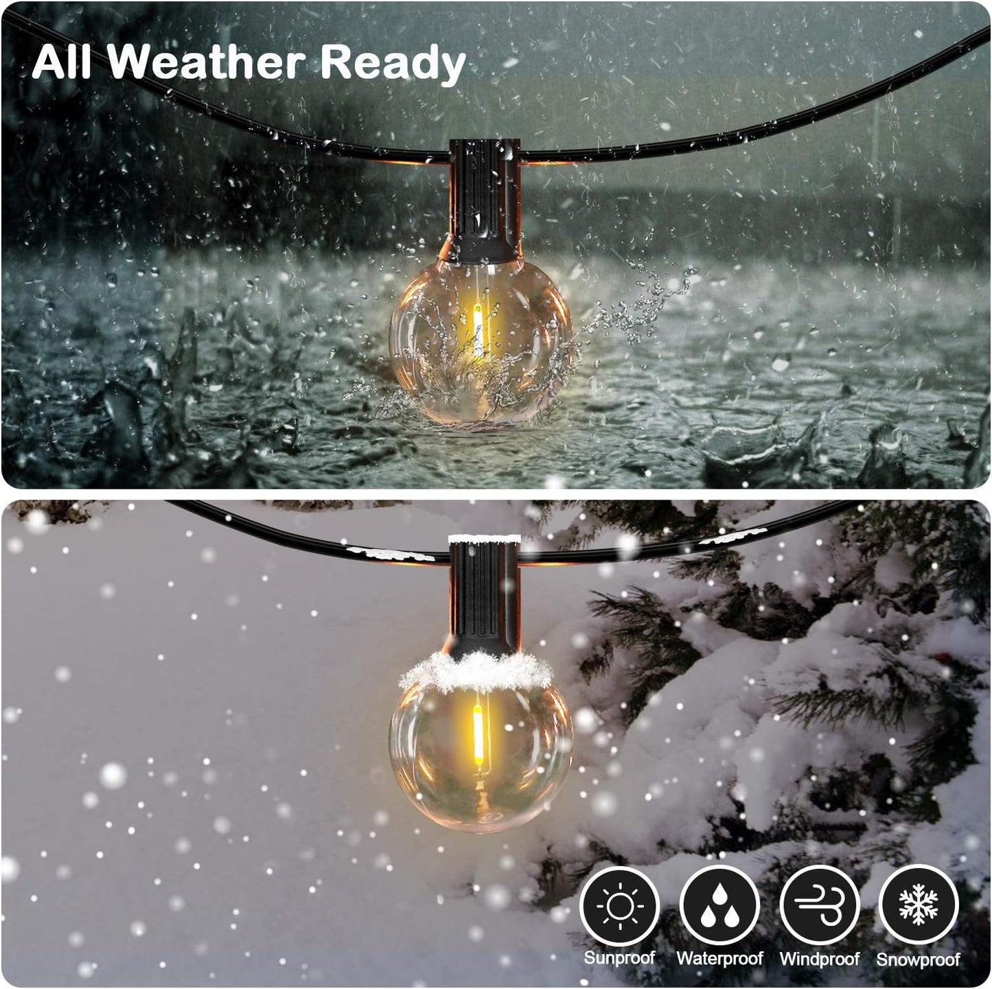 50FT Shatterproof LED G40 Globe String Lights with 52 Dimmable Edison Bulbs - Waterproof Outdoor Lighting for Patios, Balconies, Events, and Cafés