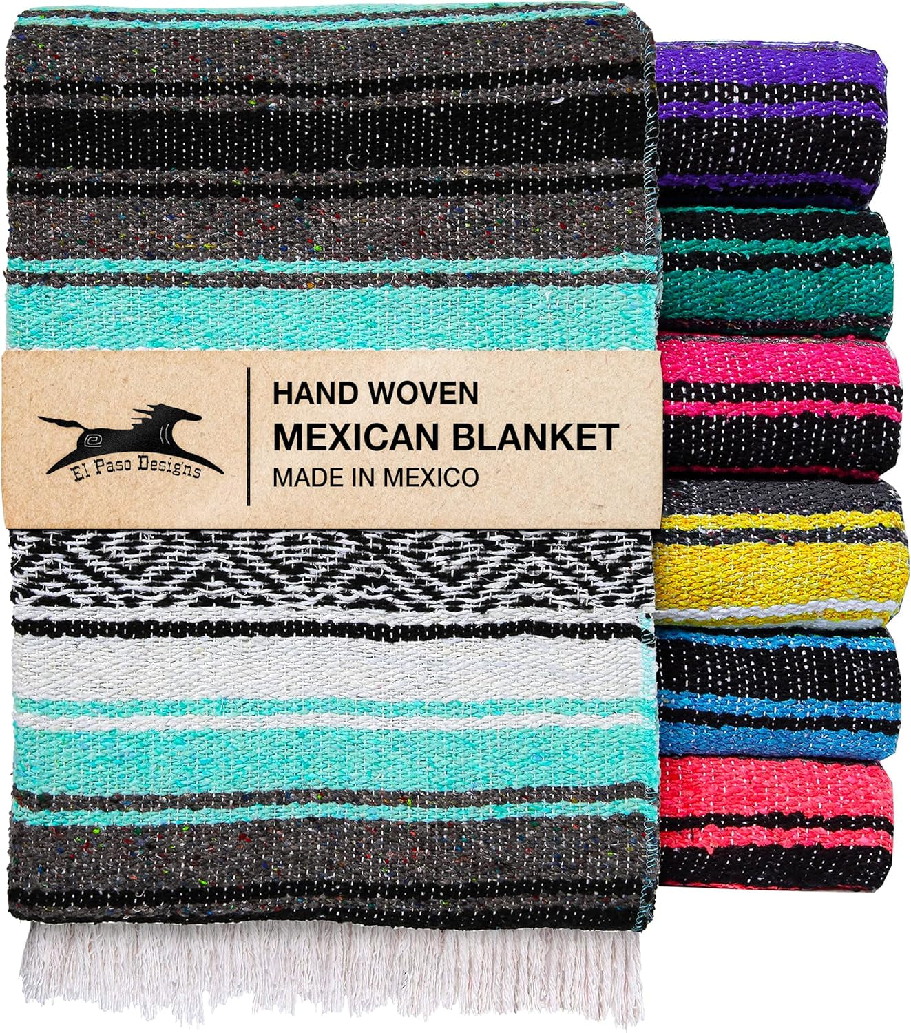 Mexican Yoga Blanket - Vibrant Falsa Serape Throw for Yoga, Beach, Picnic, Equestrian Use, or Home Décor - Soft Woven Bohemian Blanket in Cool Mint and Gray